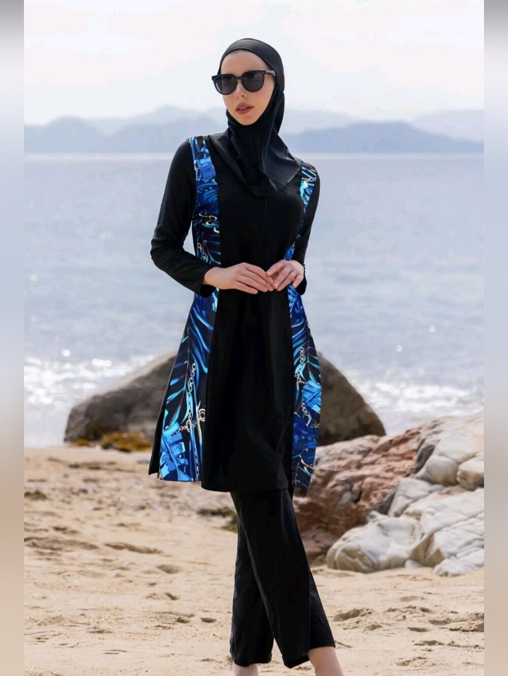 Modest Black Women's Burkini Set with Blue Patterned Sleeves - Picture 1 of 5